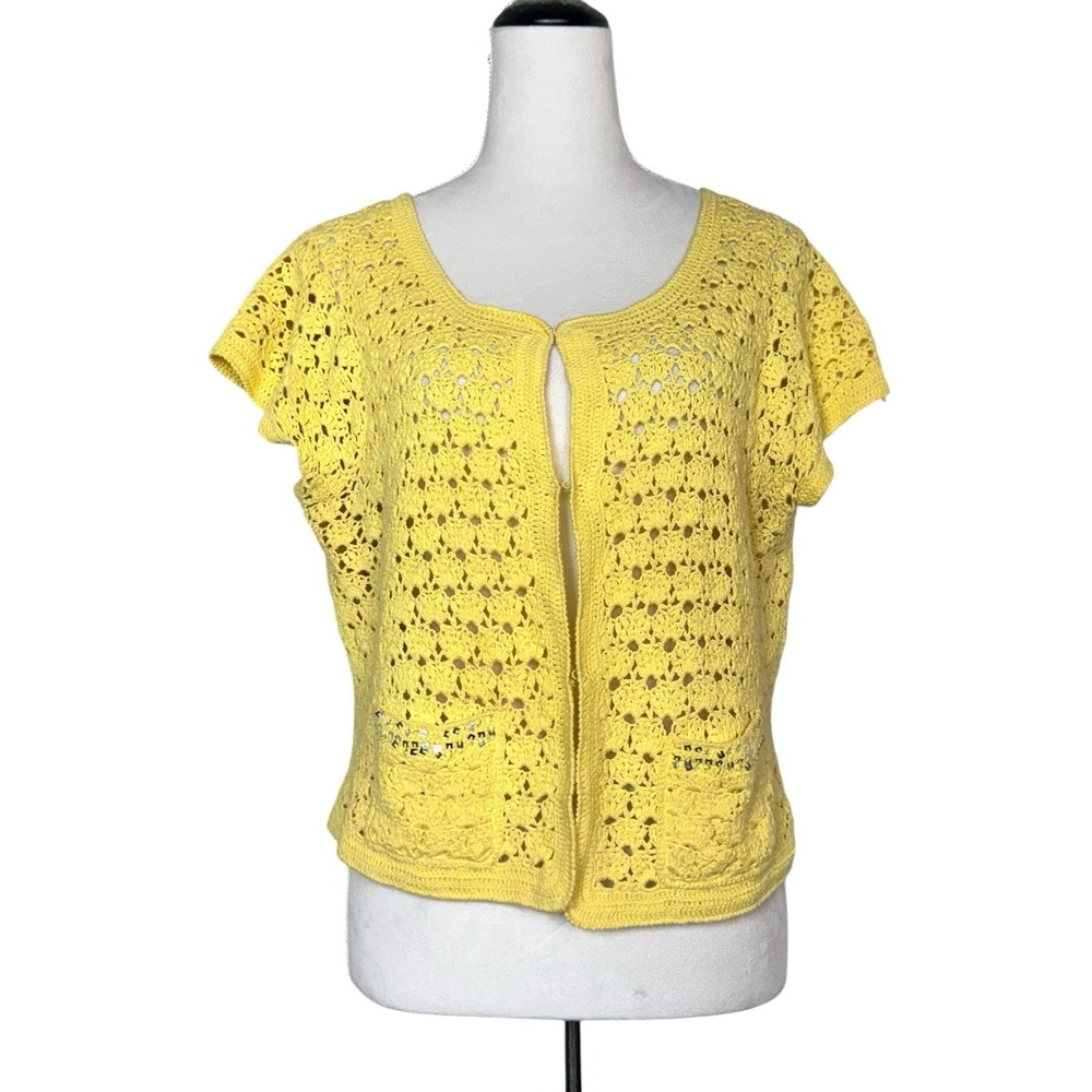 Vintage Womens Open Knit Crochet Cardigan Floral Sweater Size L Yellow Pockets